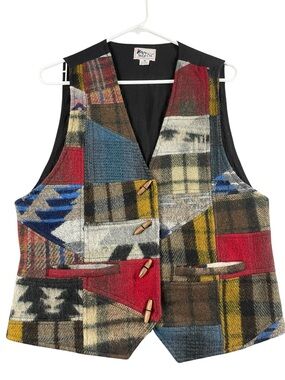 Vintage 80s 90s Multi-Color Patchwork Preppy Americana Western Wool Blend Vest M